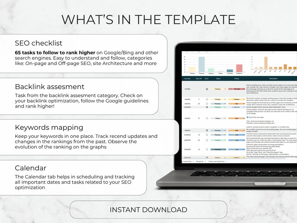 Laptop displaying SEO optimization tools with text on a light gray background