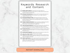 Keywords research and content checklist on a marble background with an 'Instant Download' button.