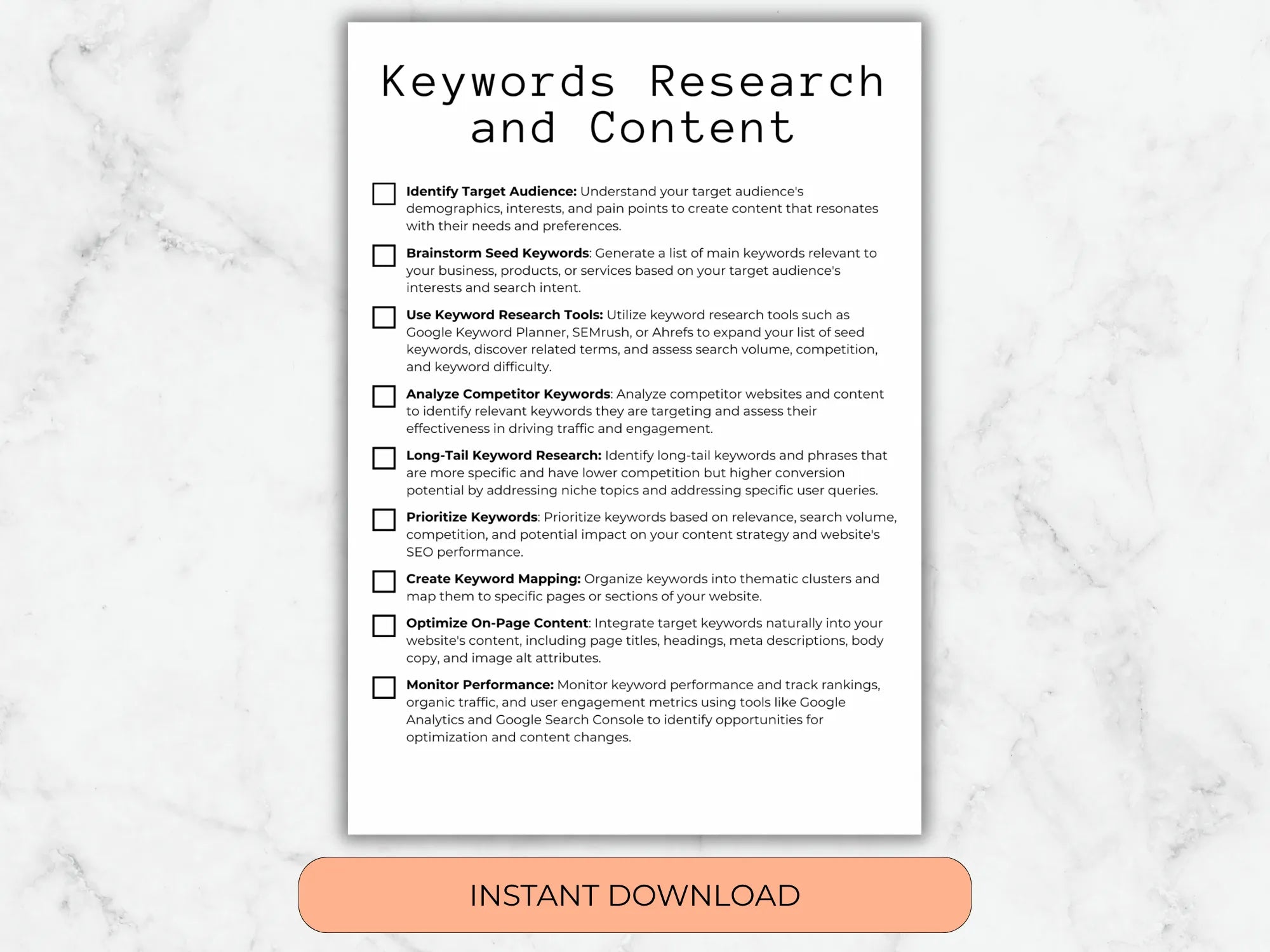 Keywords research and content checklist on a marble background with an 'Instant Download' button.