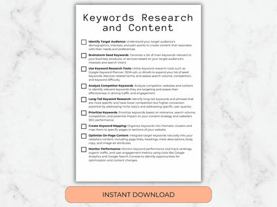 Keywords research and content checklist on a marble background with an 'Instant Download' button.