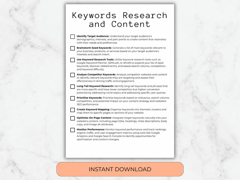 Keywords research and content checklist on a marble background with an 'Instant Download' button.