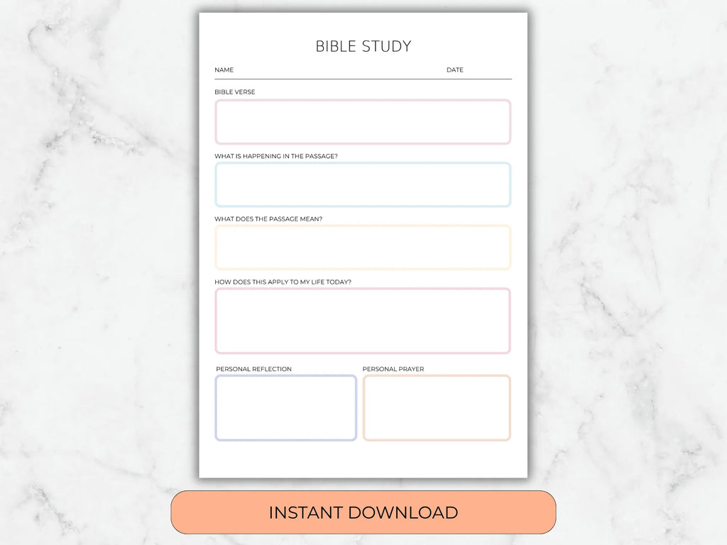Bible study worksheet on a marble background with 'Instant Download' button.