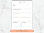 Bible study worksheet on a marble background with 'Instant Download' button.