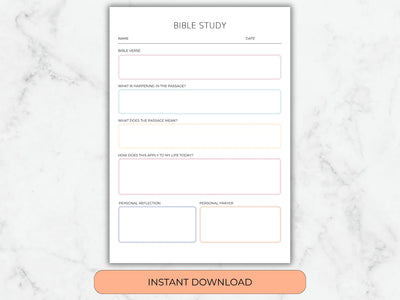 Bible study worksheet on a marble background with 'Instant Download' button.