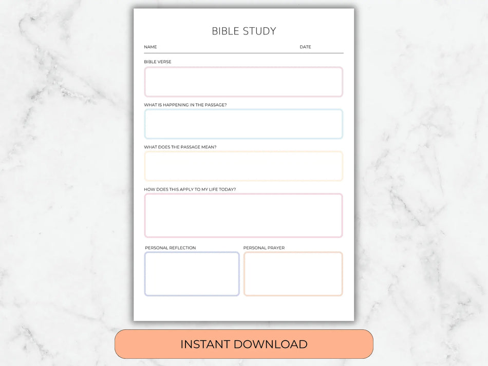 Bible study worksheet on a marble background with 'Instant Download' button.