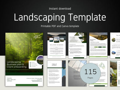 A wide dark banner showcasing a 115-page Landscaping Business Plan and Client Onboarding template with various page previews