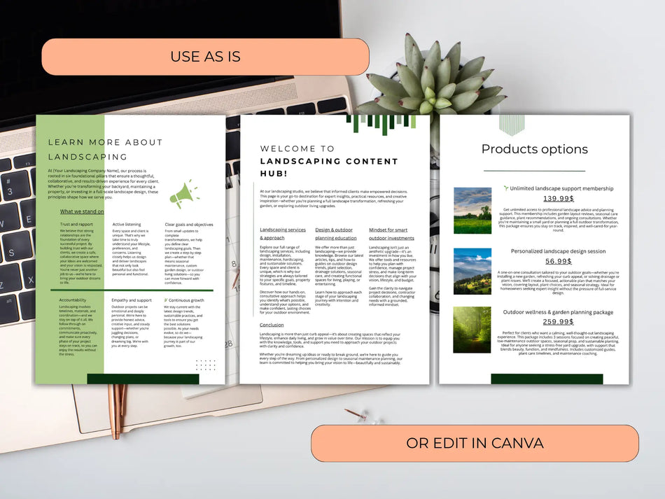 Three document pages displayed over a laptop and desk showing a welcome message, a landscaping content hub, and various product price options