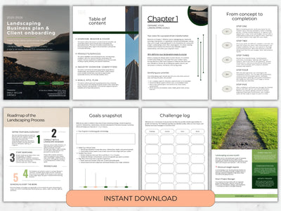 Eight sample pages from the template including a detailed table of contents, a landscaping process roadmap, and a challenge log