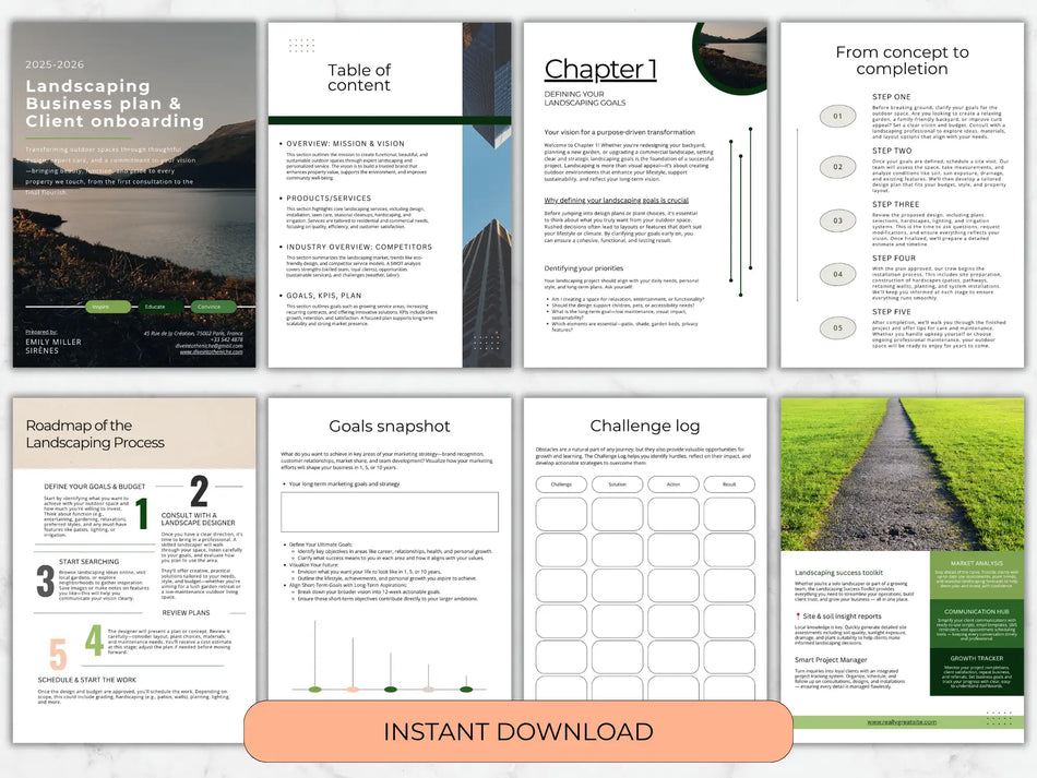 Eight sample pages from the template including a detailed table of contents, a landscaping process roadmap, and a challenge log