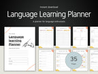 Language Learning Planner with cover and sample pages on a dark background