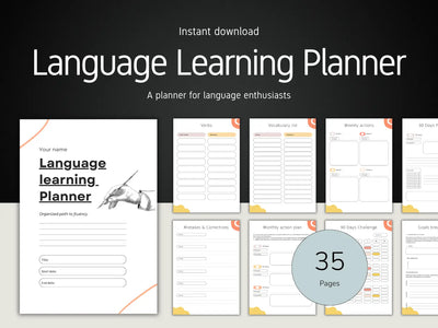 Language Learning Planner with cover and sample pages on a dark background