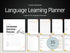 Language Learning Planner with cover and sample pages on a dark background