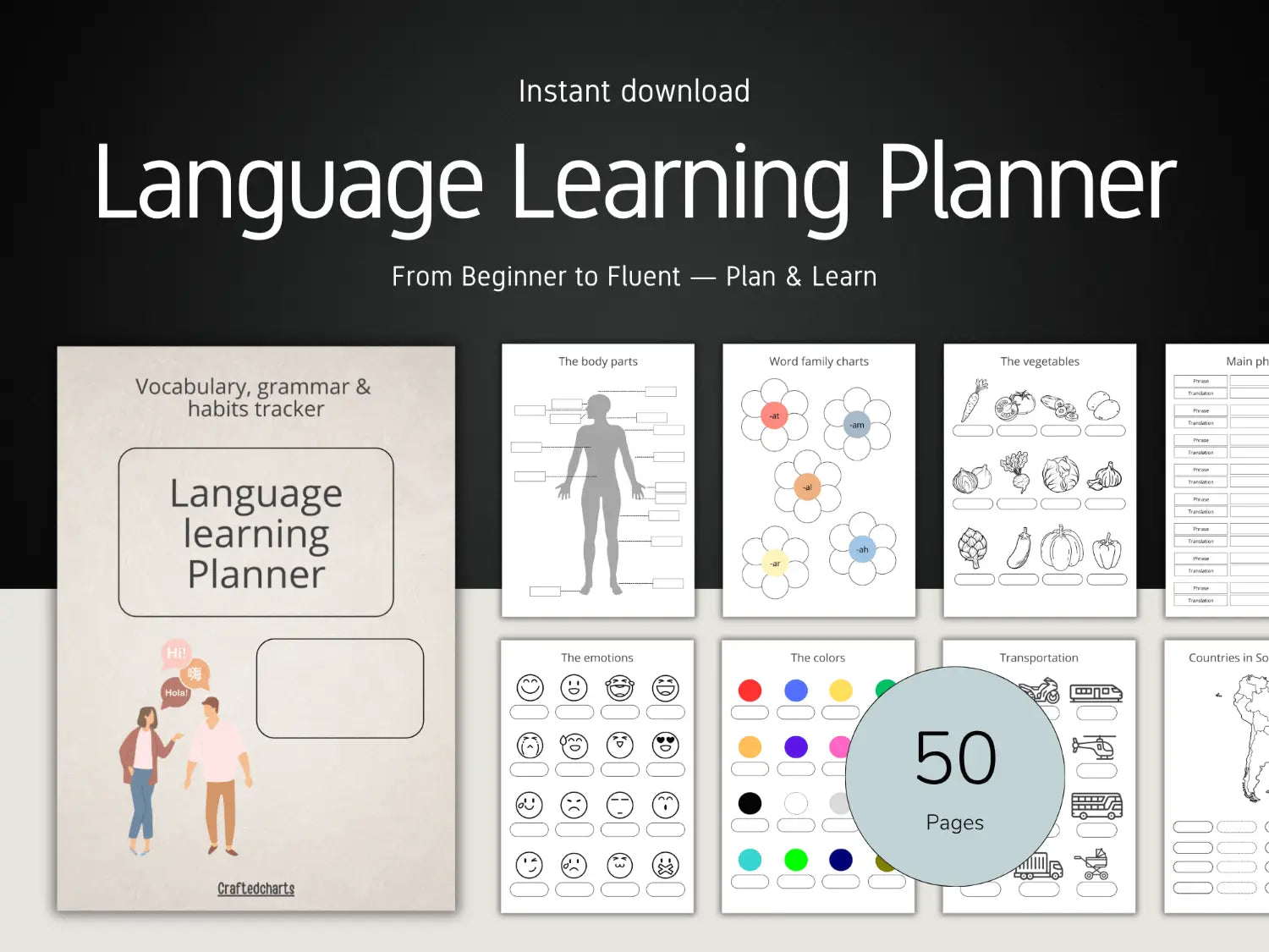 Language learning planner template cover page with preview of 50 grammar vocabulary and habits tracking sheets
