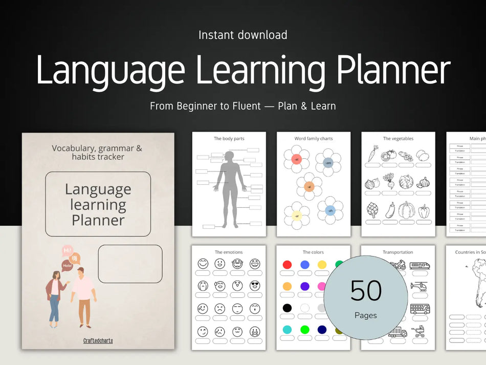 Language learning planner template cover page with preview of 50 grammar vocabulary and habits tracking sheets