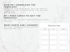 FAQ text explaining Canva template download steps and editing options alongside a blank grammar rules matrix sheet.