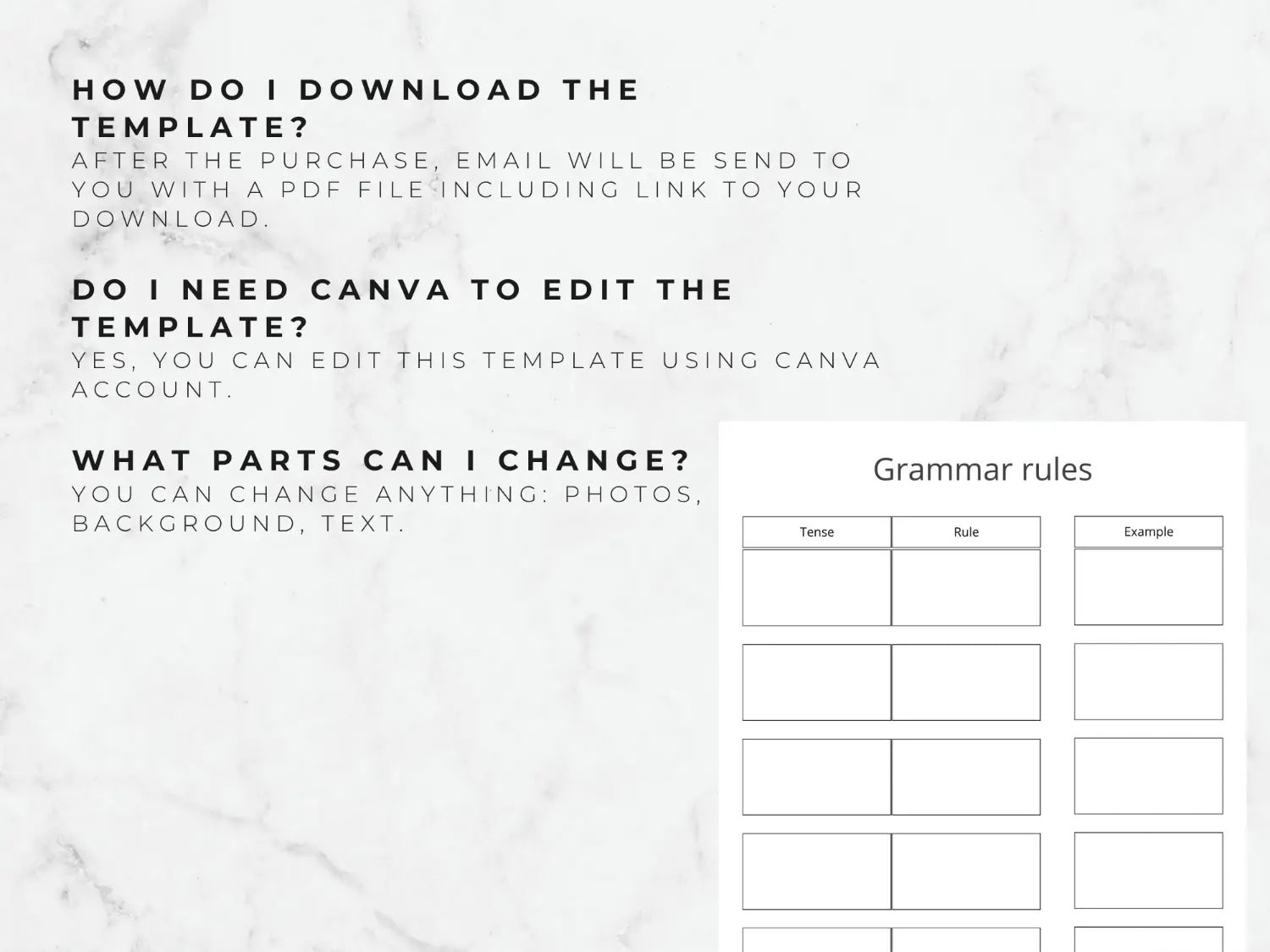 FAQ text explaining Canva template download steps and editing options alongside a blank grammar rules matrix sheet.