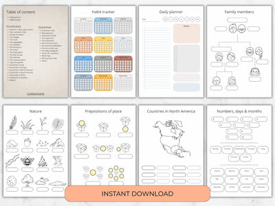 Printable language planner pages showing table of contents habit trackers family members and numbers worksheets