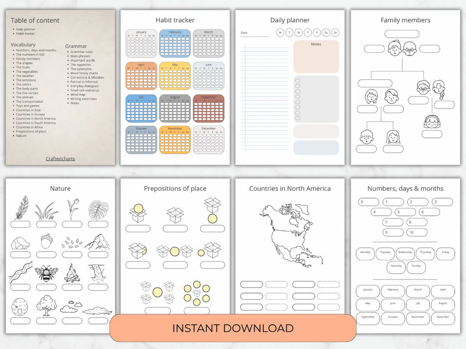 Printable language planner pages showing table of contents habit trackers family members and numbers worksheets