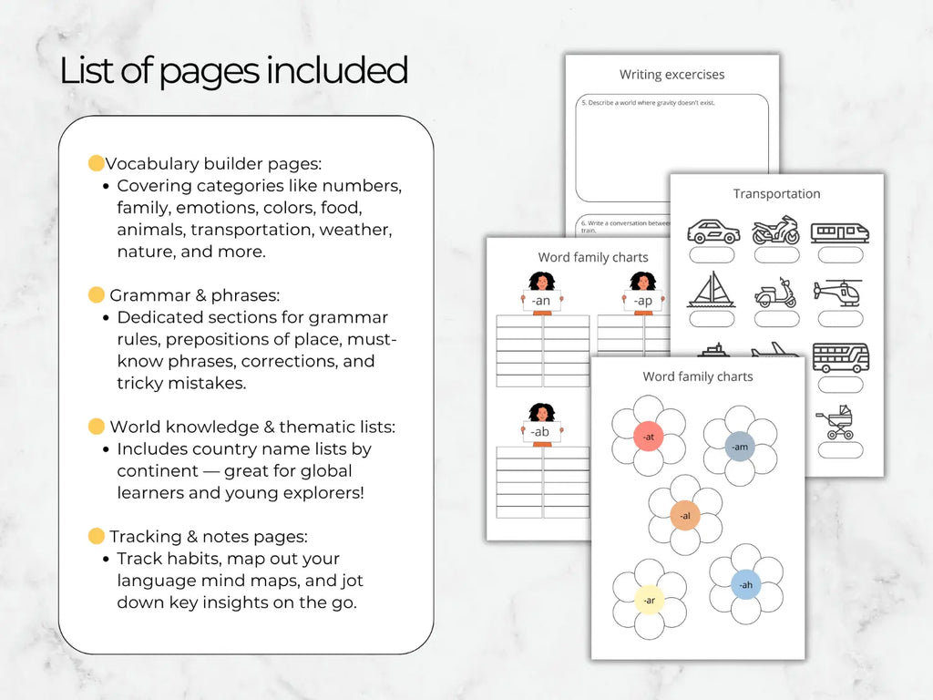 Bulleted list of included language builder templates grammar sheets thematic lists and routine tracking logs
