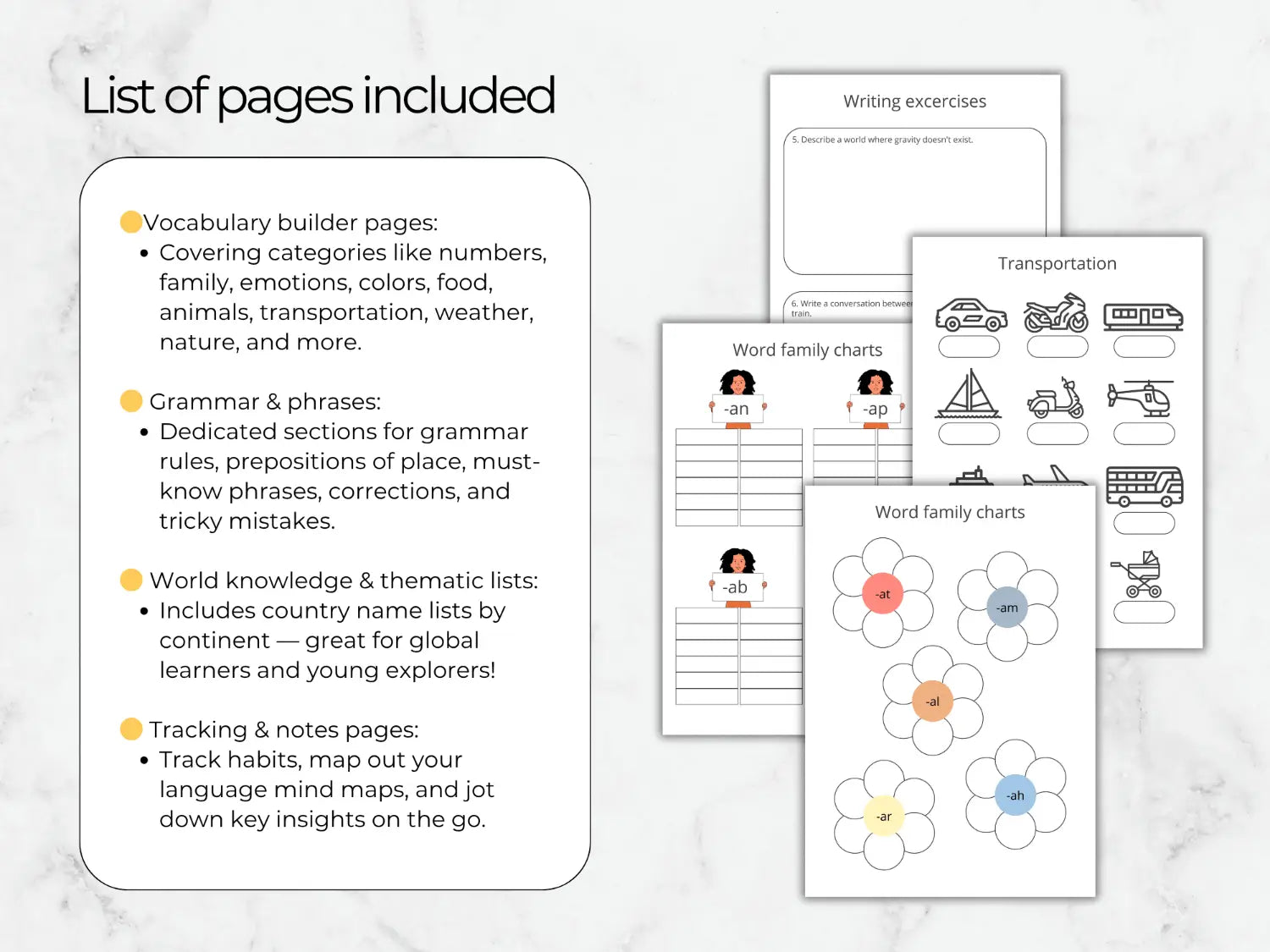 Bulleted list of included language builder templates grammar sheets thematic lists and routine tracking logs