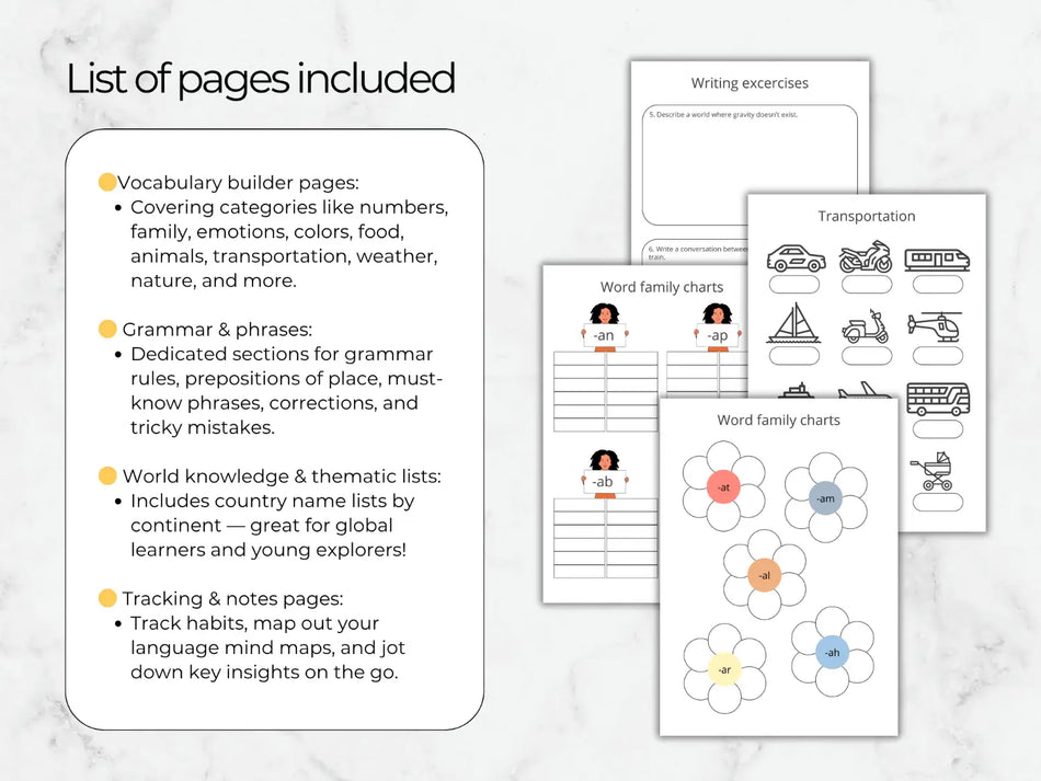 Bulleted list of included language builder templates grammar sheets thematic lists and routine tracking logs