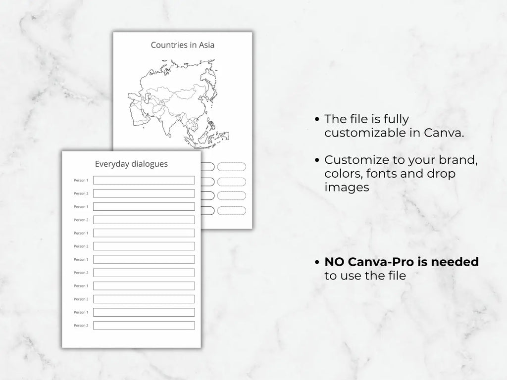 Everyday dialogues worksheet and Asia map tracker showing text and color customization options inside Canva