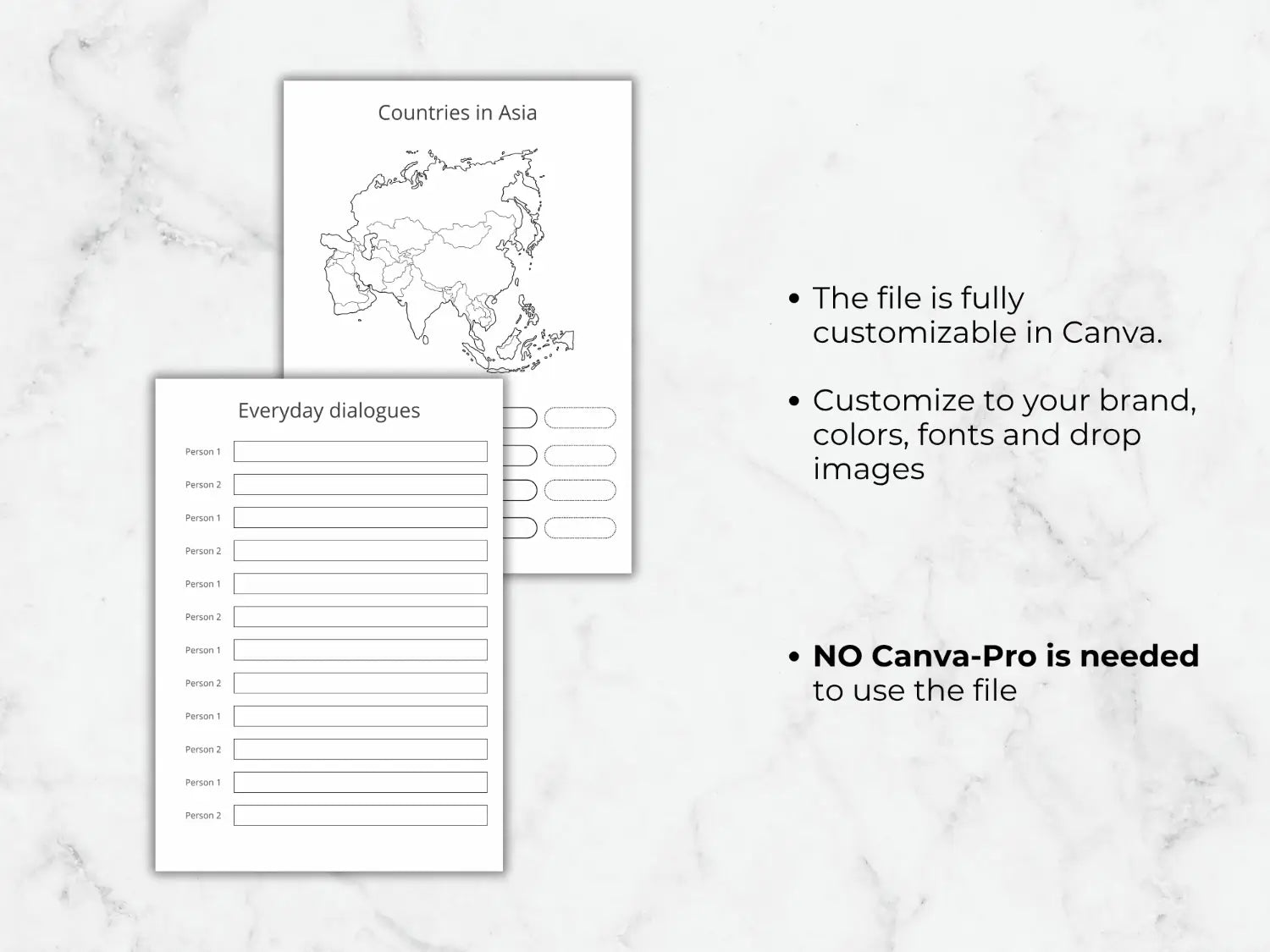 Everyday dialogues worksheet and Asia map tracker showing text and color customization options inside Canva