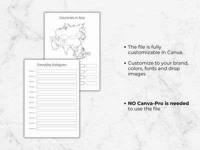 Everyday dialogues worksheet and Asia map tracker showing text and color customization options inside Canva