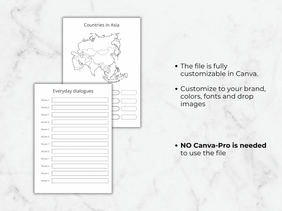Everyday dialogues worksheet and Asia map tracker showing text and color customization options inside Canva
