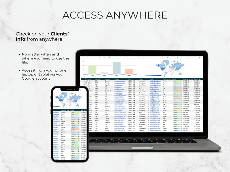 Laptop and smartphone displaying a client information system with text about remote access.