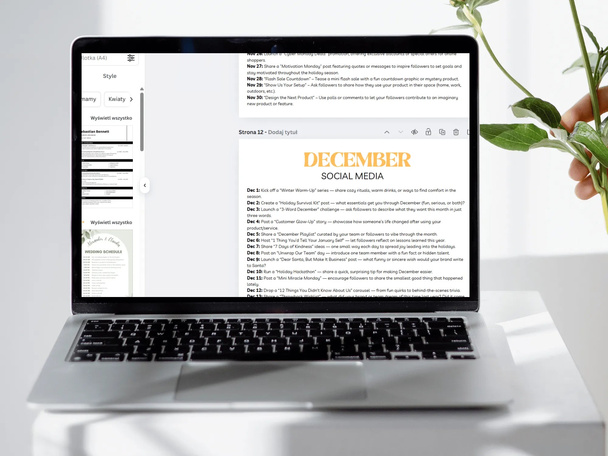 Laptop displaying a December social media planner on a white surface with a plant.