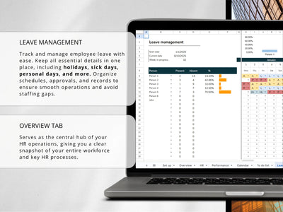 Laptop displaying a leave management system on a white background