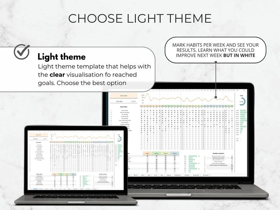 Two laptops displaying a habit tracking app with a light theme on a white background.