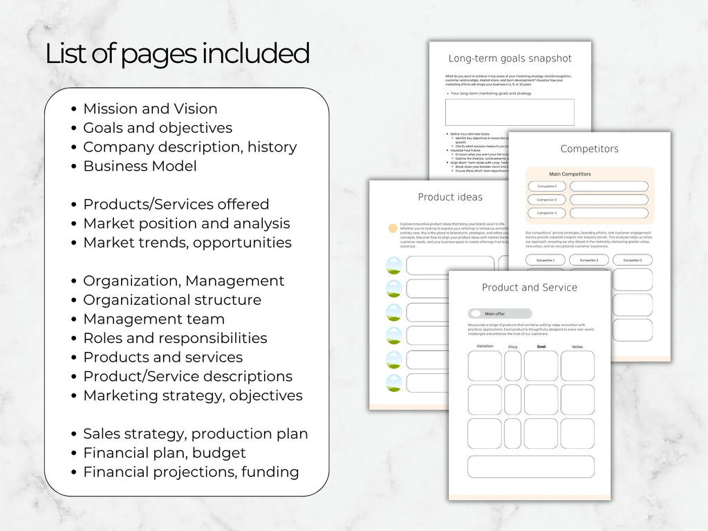 List of pages included in a business plan on a marble surface