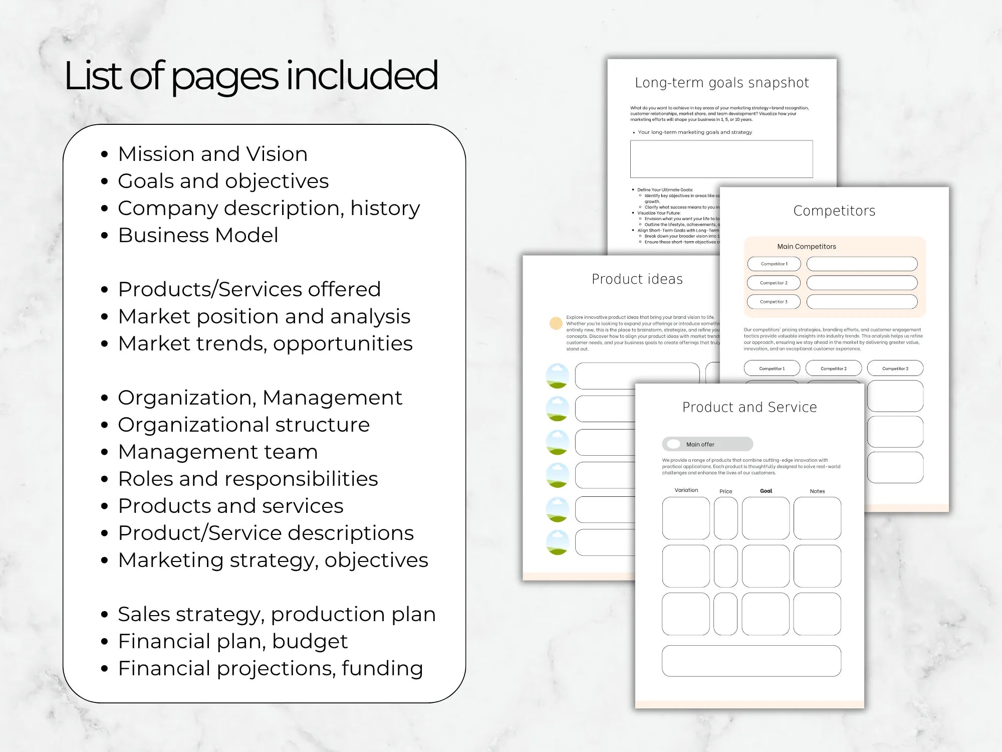 List of pages included in a business plan on a marble surface