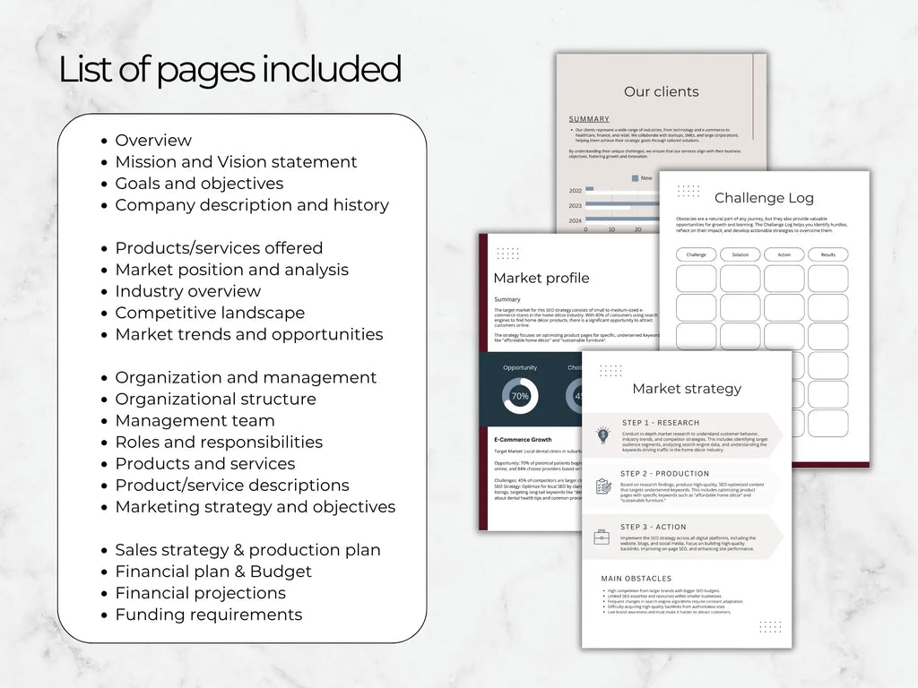 A clean list on a marble background showing all the sections included in the plan, like Market Strategy and Financial Plan