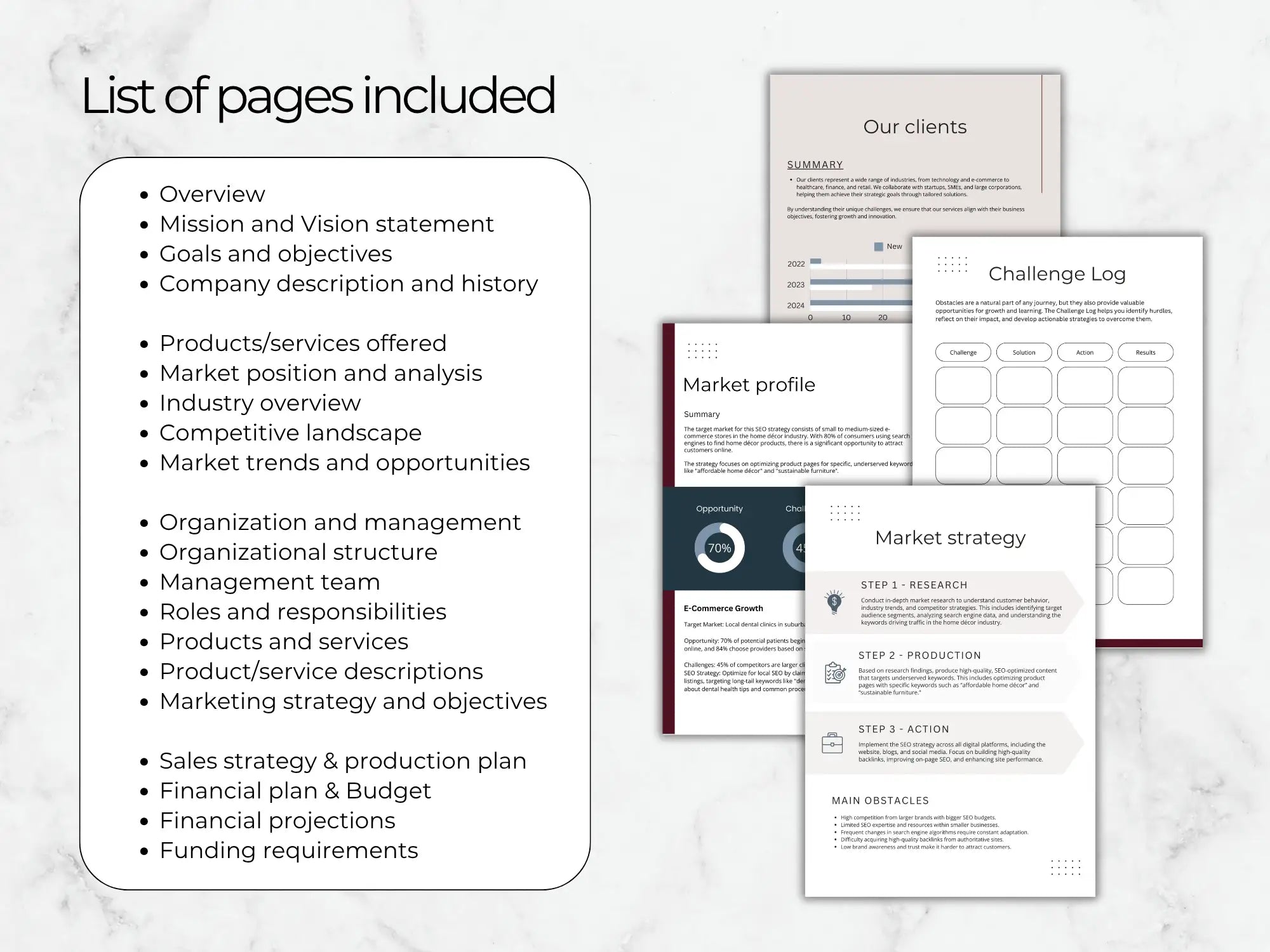 A clean list on a marble background showing all the sections included in the plan, like Market Strategy and Financial Plan