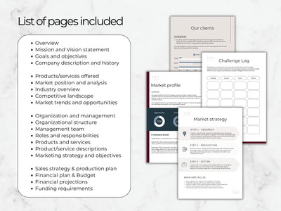 A clean list on a marble background showing all the sections included in the plan, like Market Strategy and Financial Plan