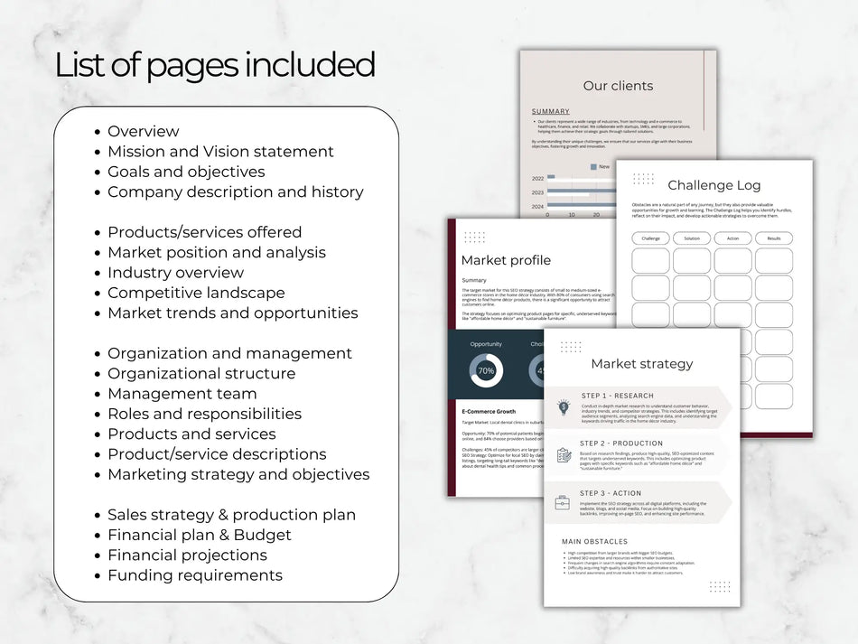 A clean list on a marble background showing all the sections included in the plan, like Market Strategy and Financial Plan