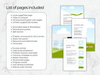 List of pages included in a book or report with sample pages displayed on a marble background.