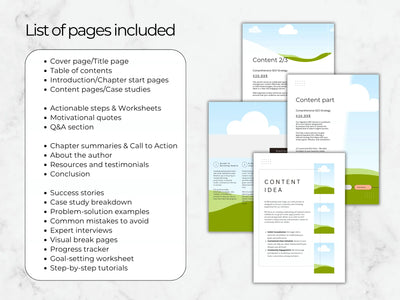 List of pages included in a book or report with sample pages displayed on a marble background.