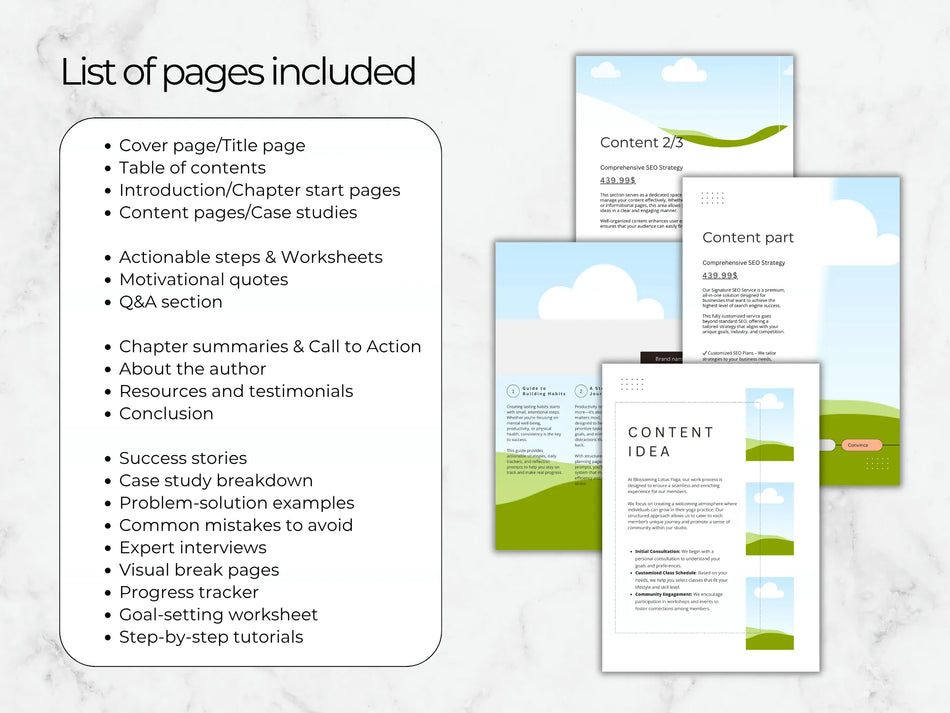 List of pages included in a book or report with sample pages displayed on a marble background.