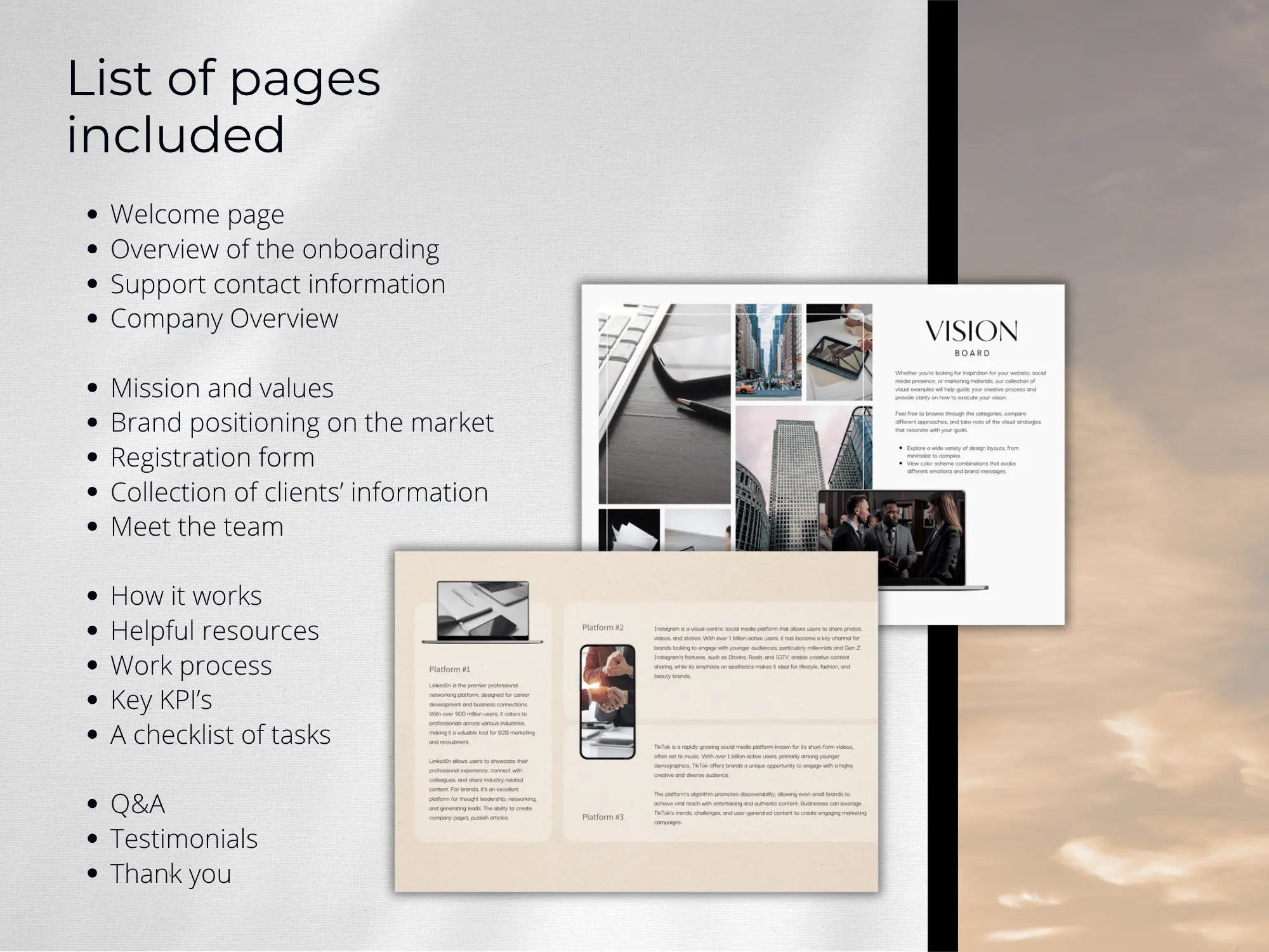 Onboarding guide with pages listed on a blurred background