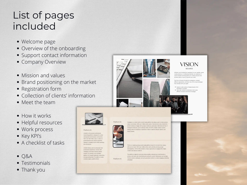 Onboarding guide with pages listed on a blurred background