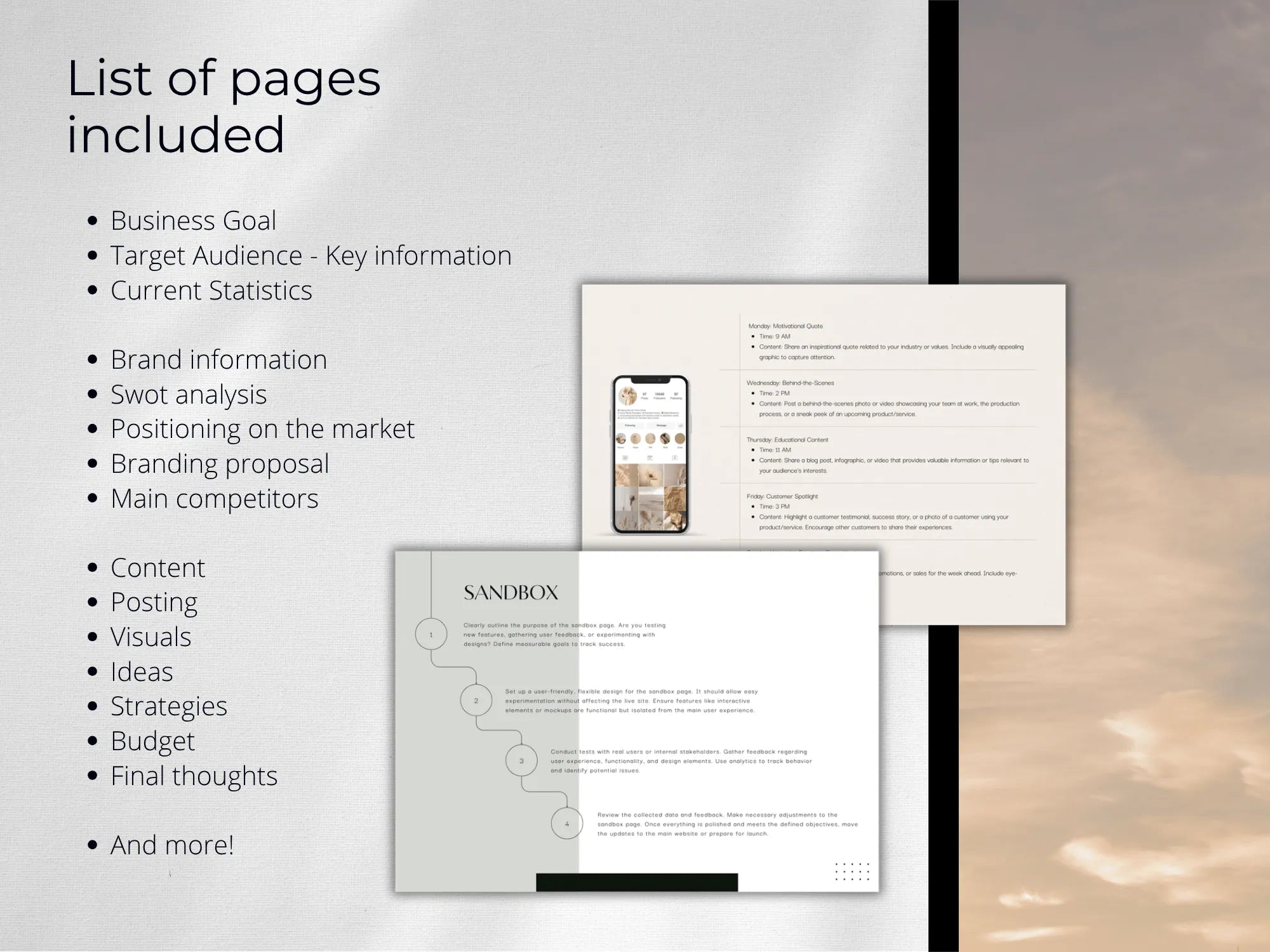 A list highlighting key sections included in the template like business goals, target audience, and strategy.