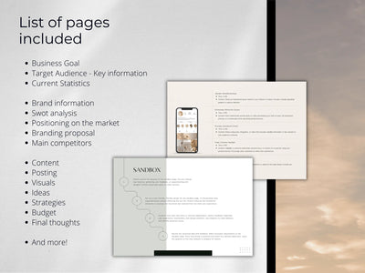 A list highlighting key sections included in the template like business goals, target audience, and strategy.