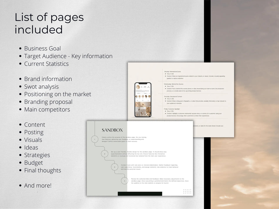 A list highlighting key sections included in the template like business goals, target audience, and strategy.