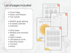 Collection of goal-setting and planning pages on a marble background
