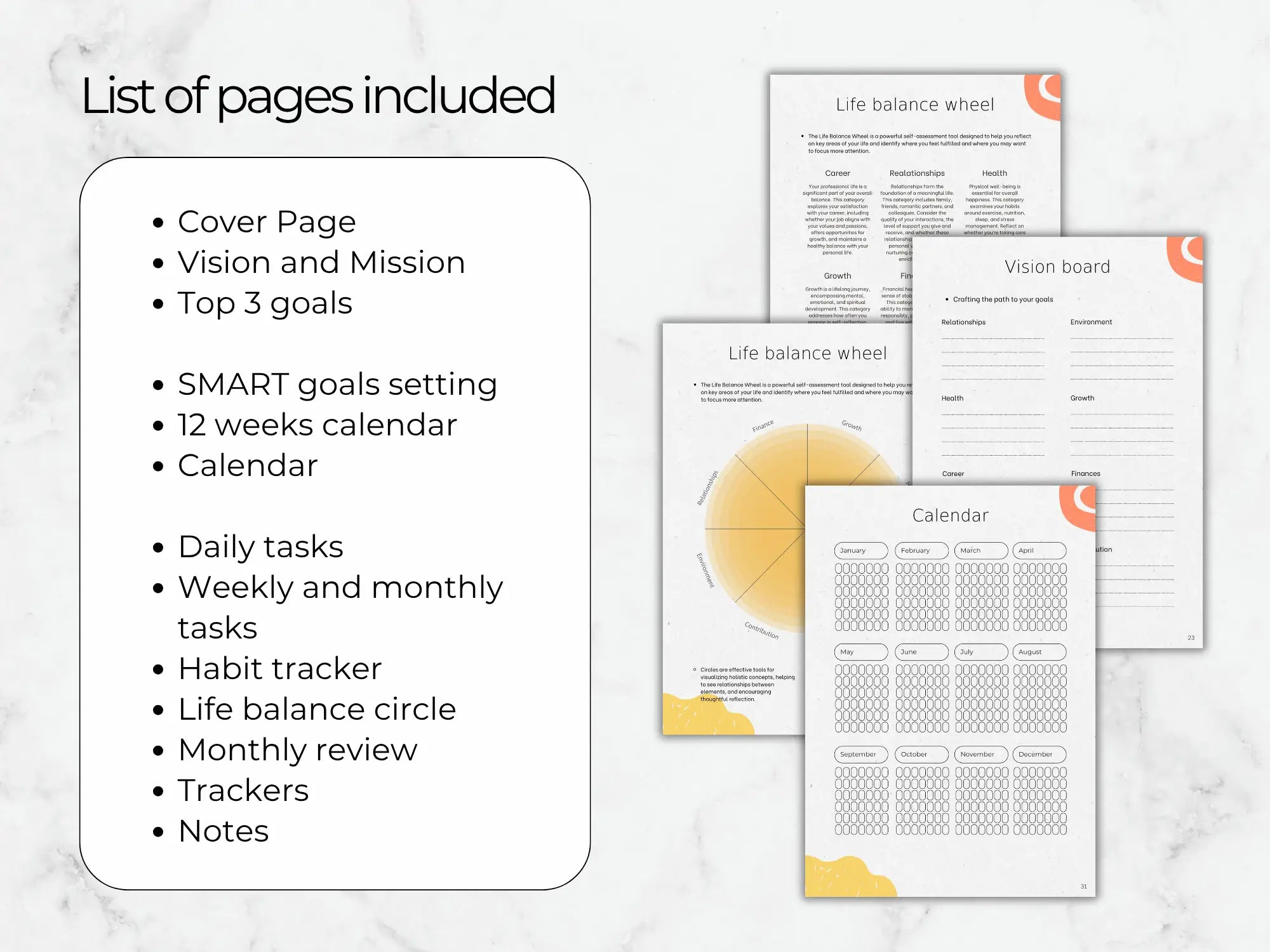 Collection of goal-setting and planning pages on a marble background