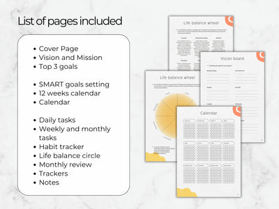 Collection of goal-setting and planning pages on a marble background